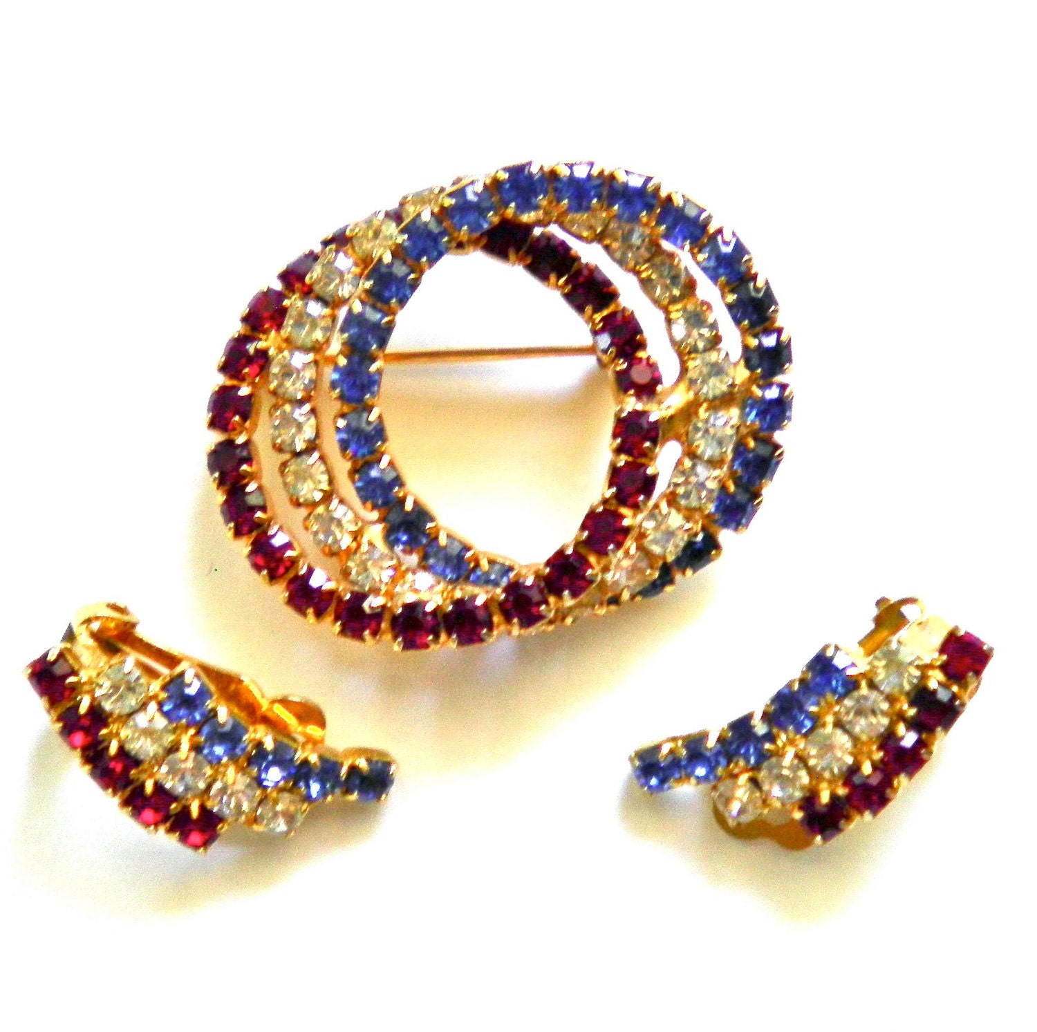 Vintage Patriotic Red, White & Blue Rhinestone Circles Brooch Pin and Earrings Set