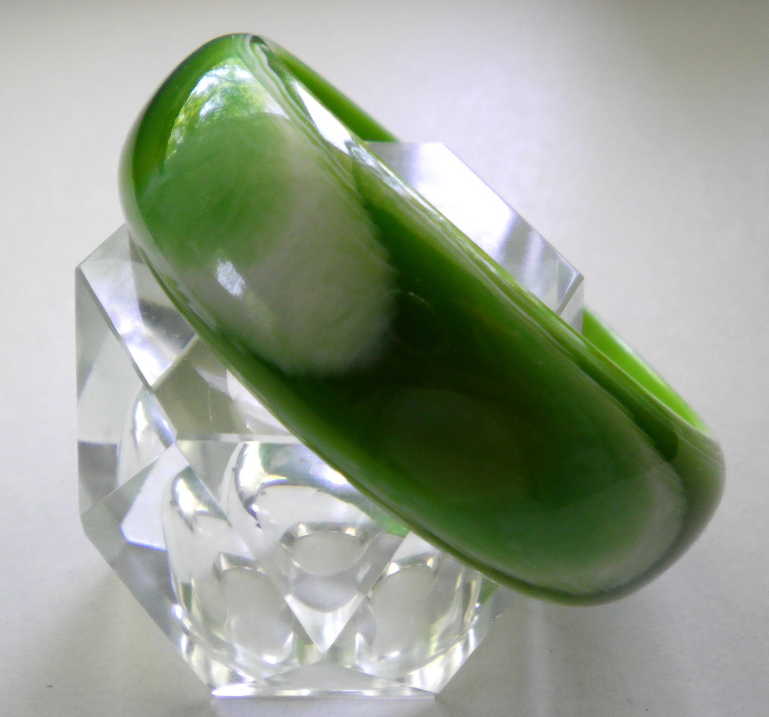 Vintage LUCITE Green SWIRLS BRACELET Wide and Hefty