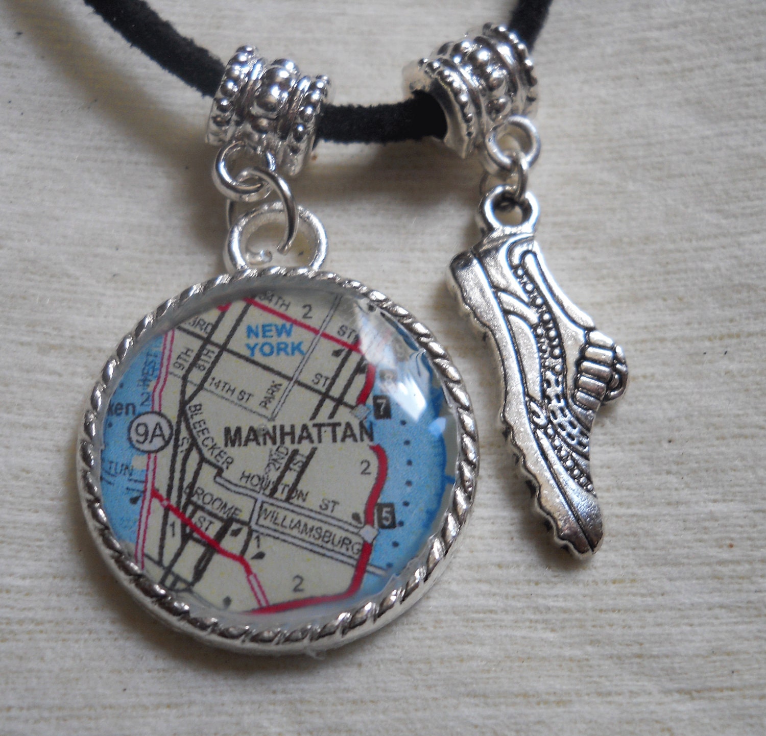 Running Pendant Necklace World Map of Any Location Silver or Black Suede Chain