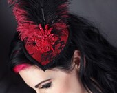 Red crimson ostrich feather teardrop swarovski crystal burlesque derby cocktail hat