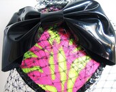Pink Green Tiger with Black vinyl Bow burlesque fetish goth club teardrop hat with veil