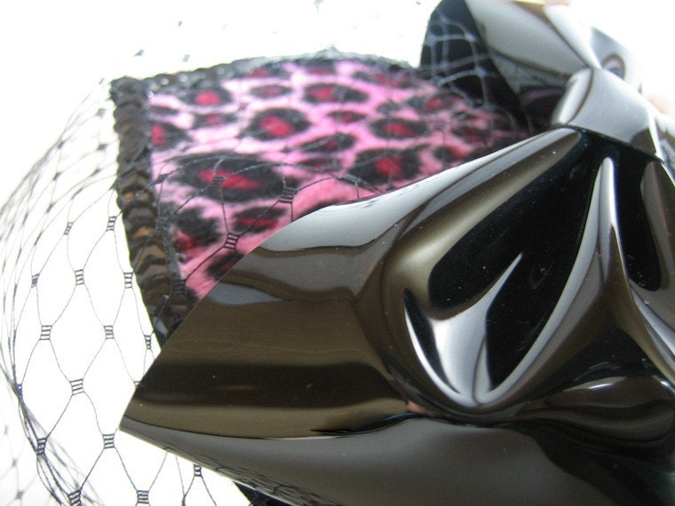 Pink Leopard and Black vinyl burlesque fetish goth club teardrop hat with veil