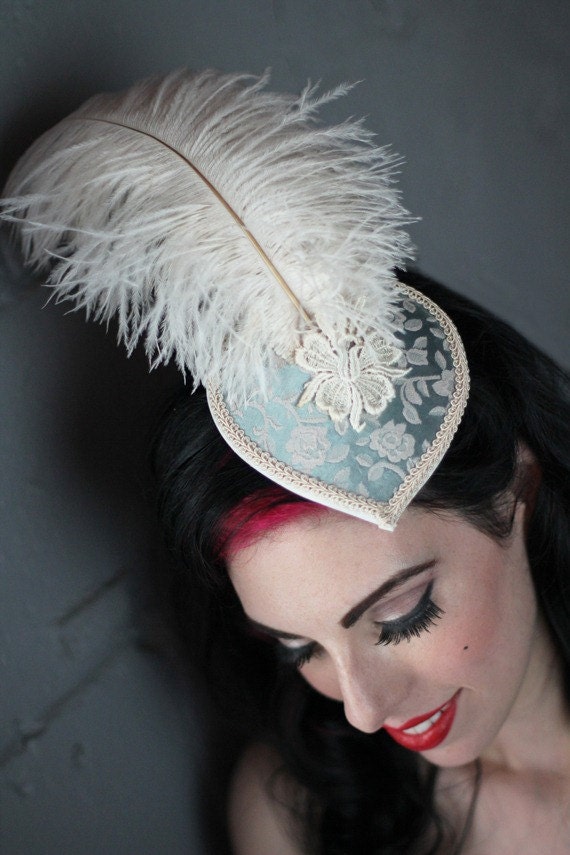 Cream natural ice blue teardrop hat with ostrich feathers and lace