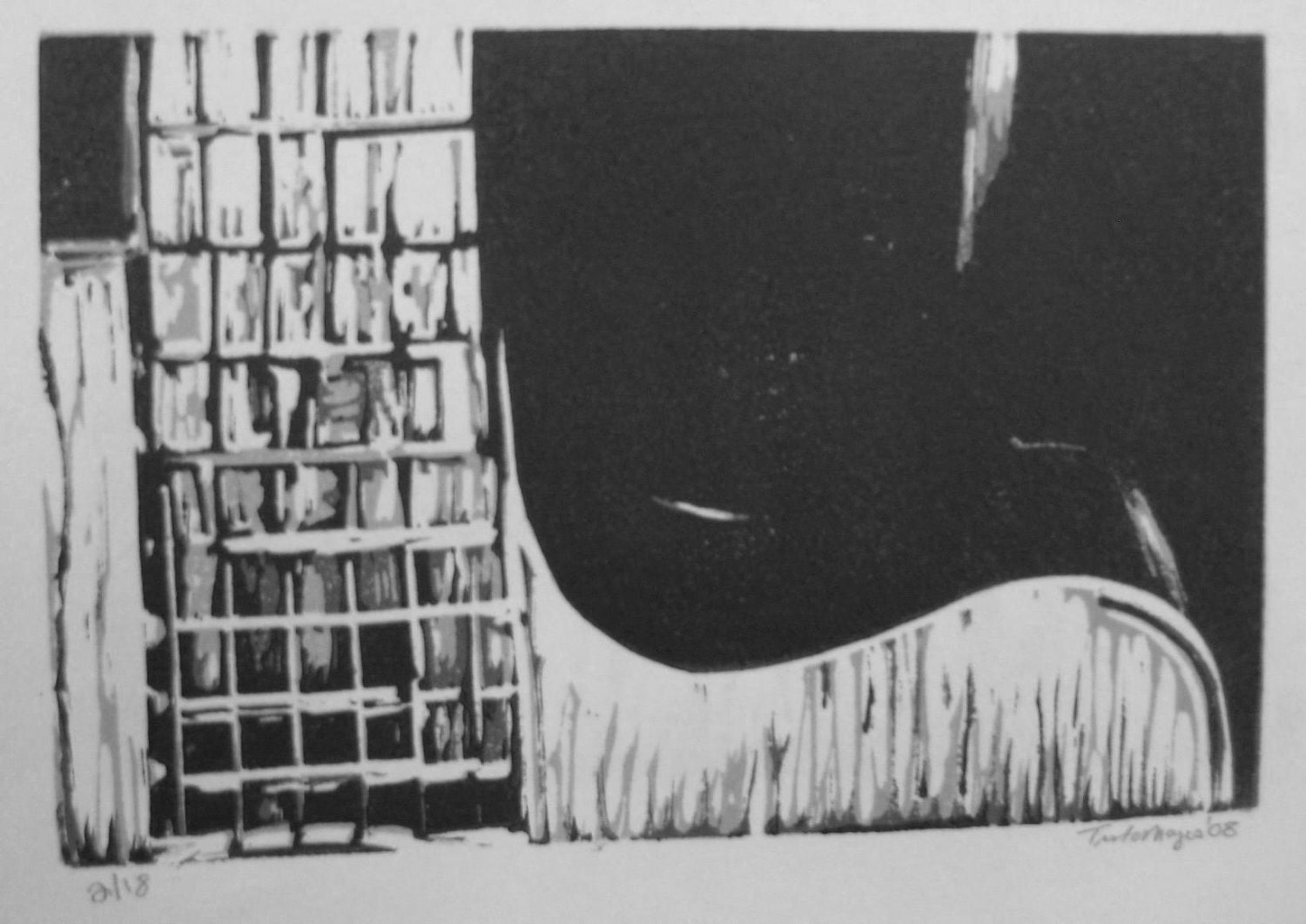 Single-block reduction linocut print guitar grayscale 2