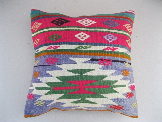 Modern Bohemian Home Decor , Embroidered Handwoven Striped Vintage Tribal Turkish Kilim Pillow cover 18" x 18"