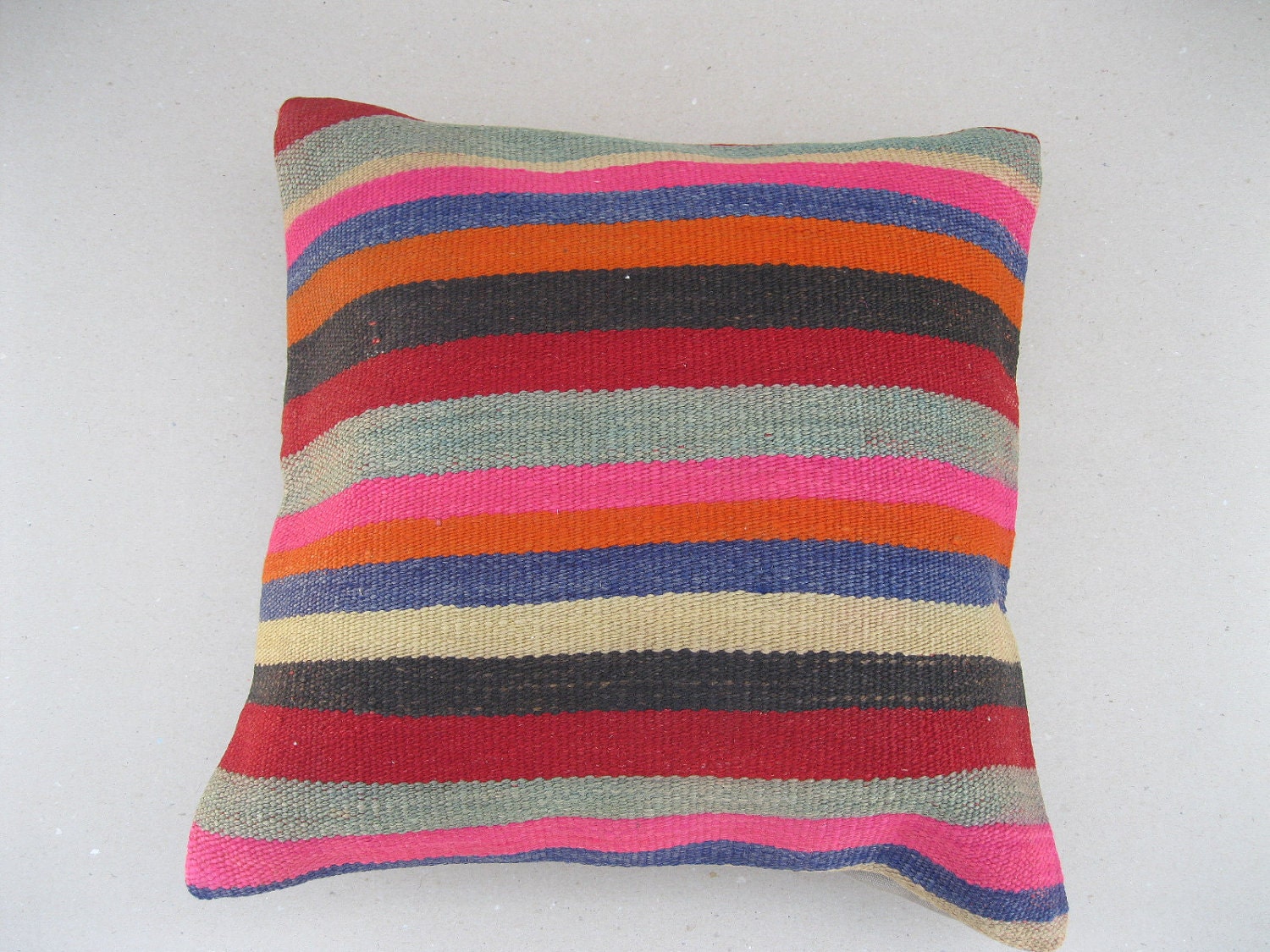 Modern Bohemian Home Decor , Embroidered Handwoven Striped Vintage Tribal Turkish Kilim Pillow cover 16" x 16"