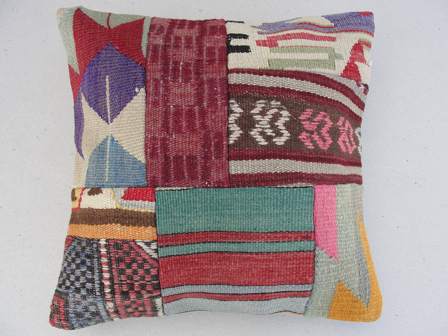 Modern Bohemian Home Decor , Embroidered Handwoven Striped Vintage Tribal Turkish Patchwork Kilim Pillow cover 16" x 16"