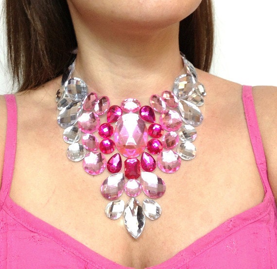 bridesmaid bib necklace pink white party necklace pink prom necklace pink fucshia white bridal necklace 3 color necklace