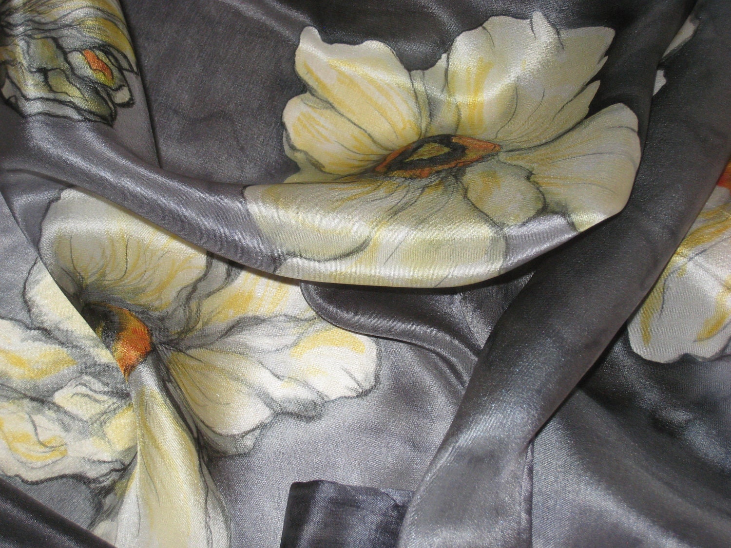 Hand painted silver cream golden silk scarf silk fringe