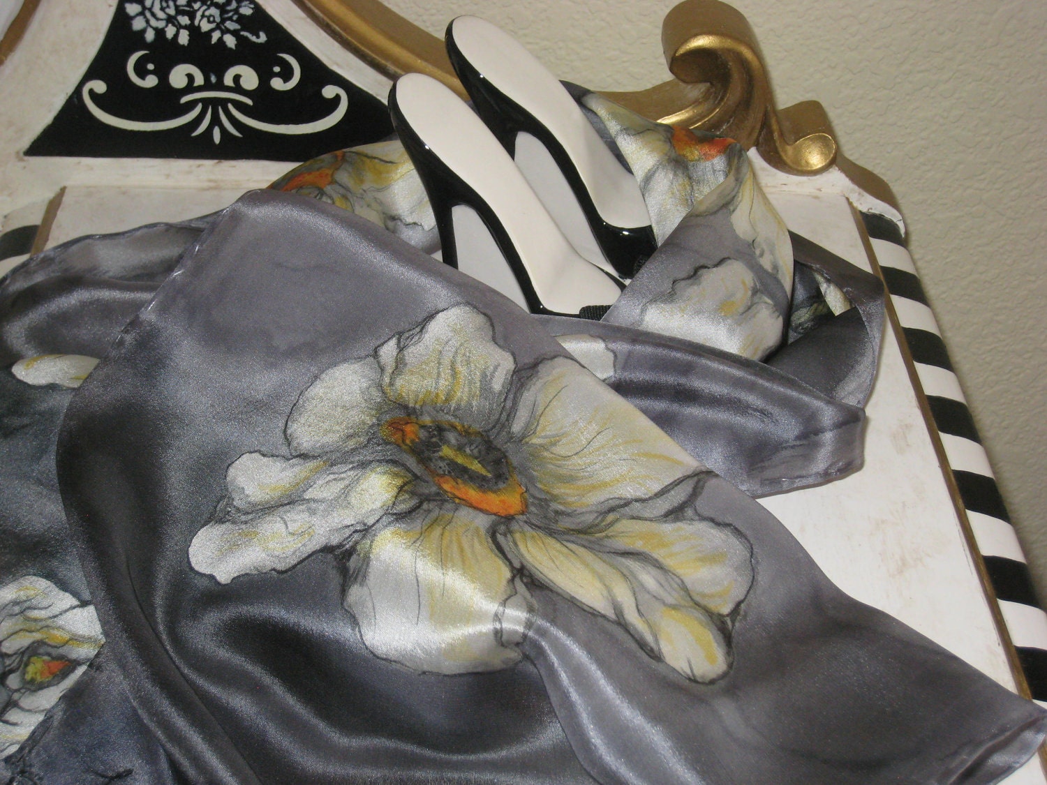 Hand painted silver cream golden silk scarf silk fringe