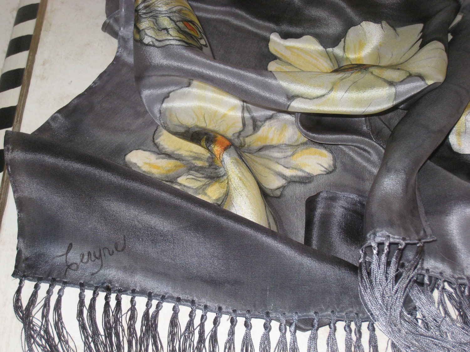 Hand painted silver cream golden silk scarf silk fringe