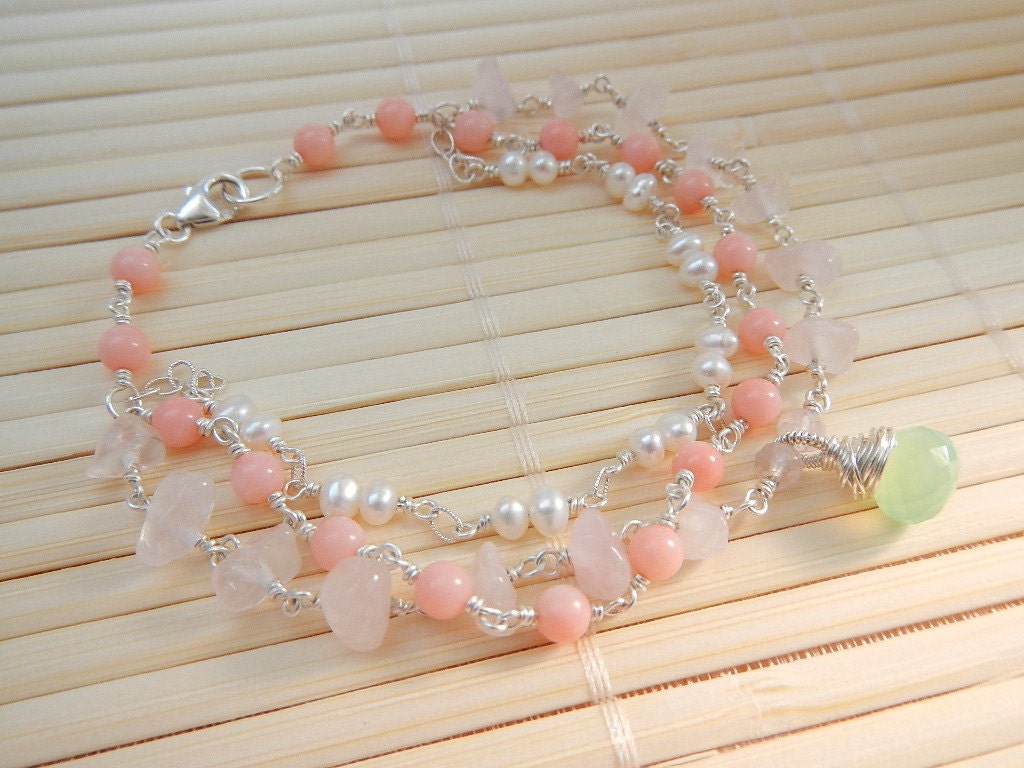 Lime Green Chalcedony Coral Rose Quartz Multi Strand Bracelet in Sterling Silver, Handmade Spring Summer Beach