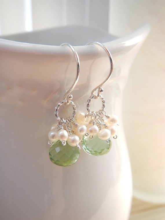 Sage Green Quartz Pearl Earrings in Sterling Silver, Handmade Spring Summer Everyday