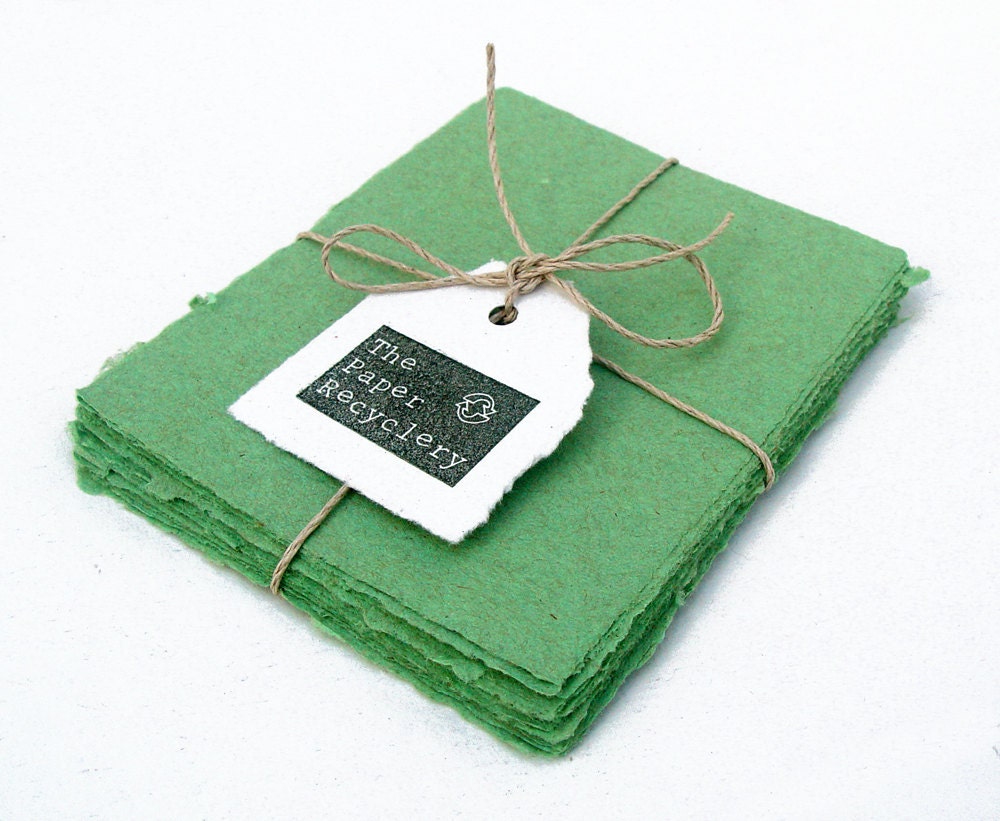 Forest green handmade paper, recycled, deckle edge, 10 small sheets
