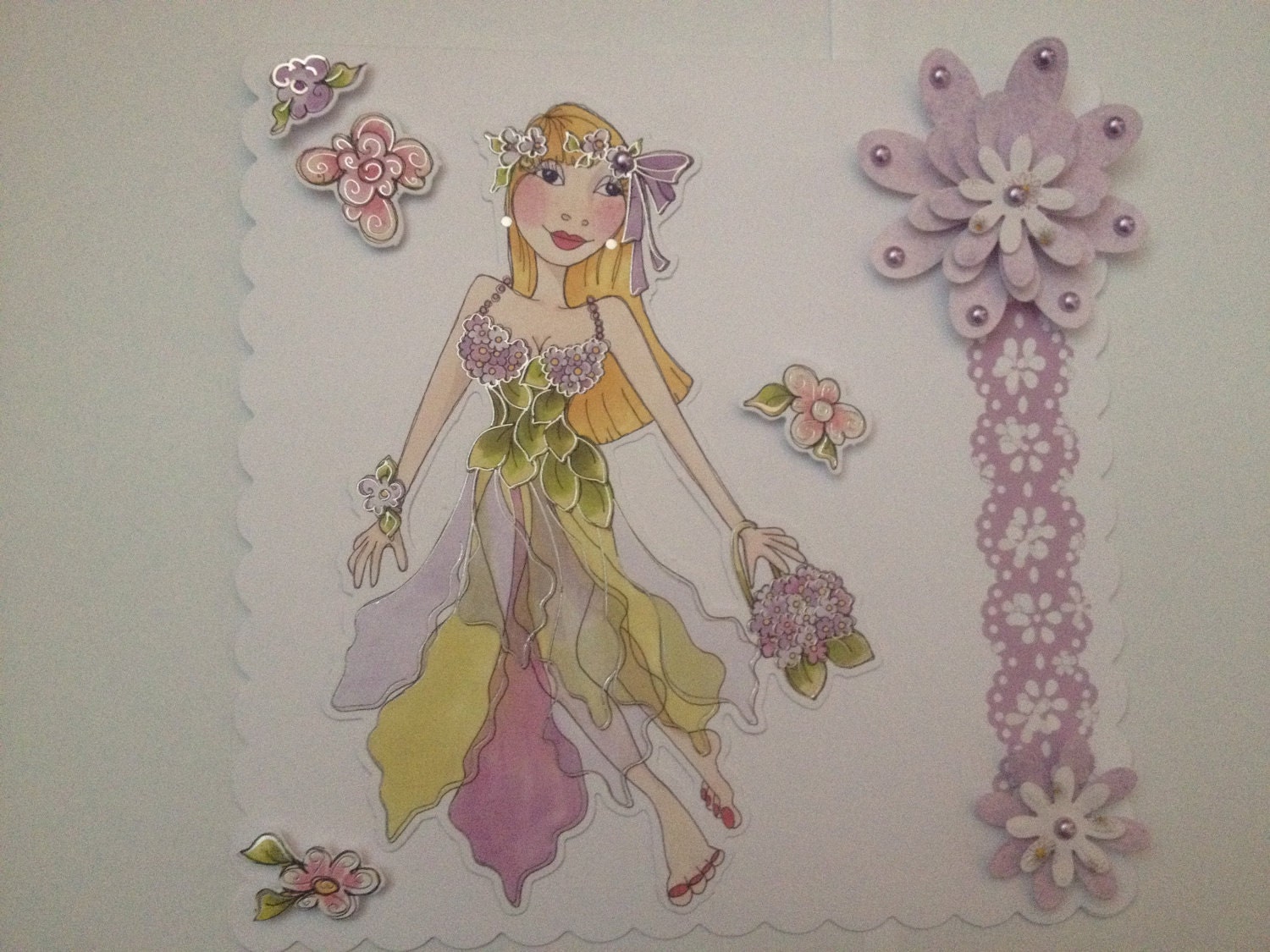 blank card loralie flowers lilac pink purple green handmade flowers beads unique handmade card birhday friendship any occasion card