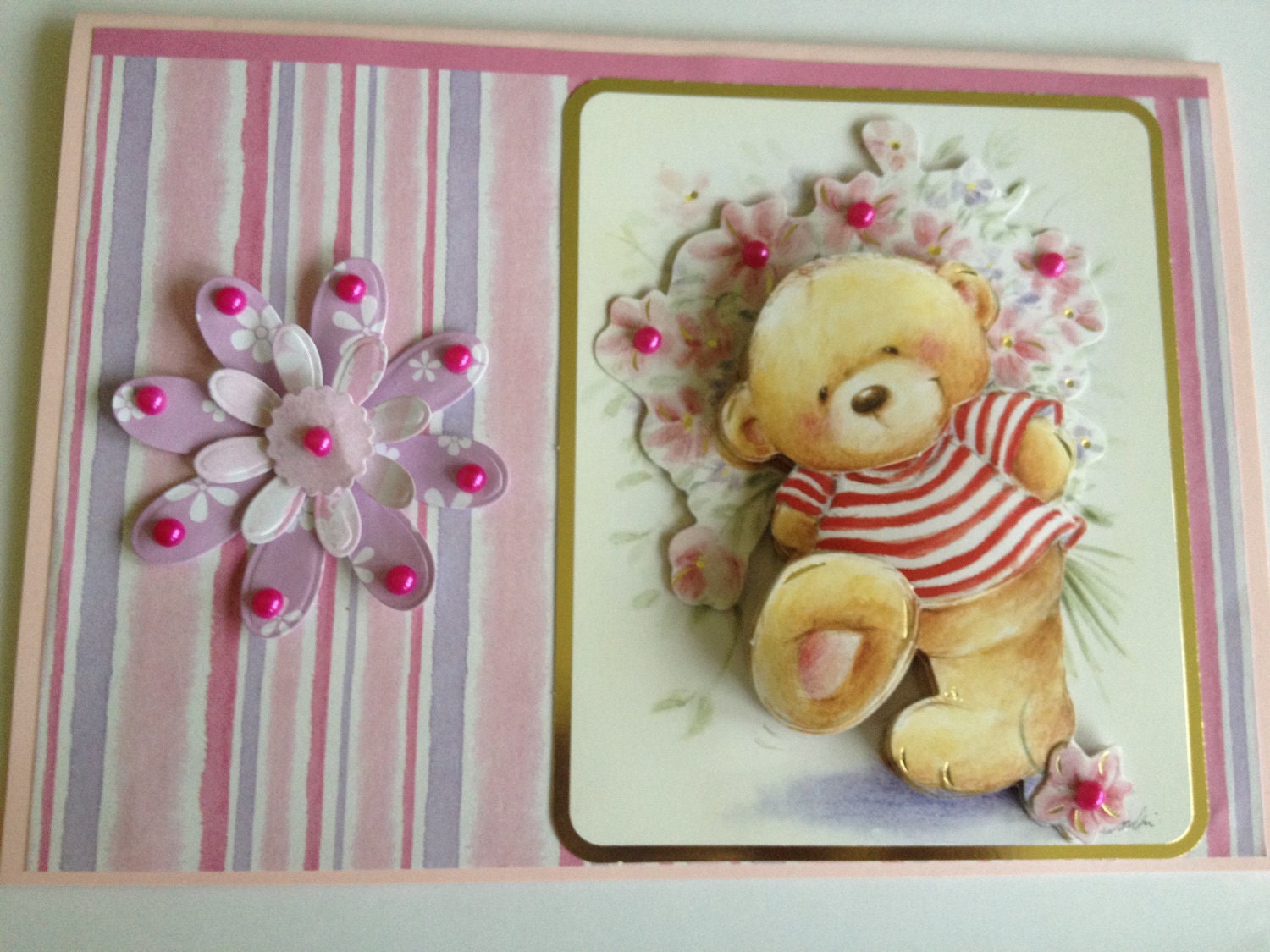 bear card, birthday card, blank card, any occasion, special occasion, pink, flowers, beads