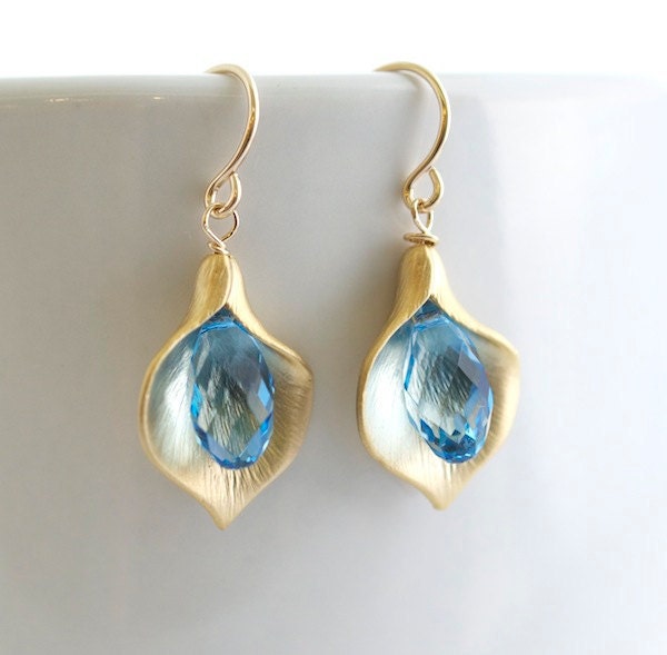 Calla Lilly Earring, Blue Swarovski Crystal Earrings, Dangle Earrings