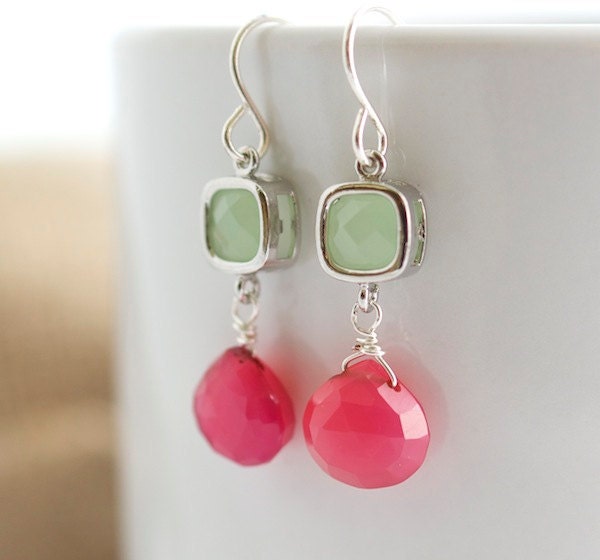 Pink Chalcedony Dangle Earrings, Pink and Green Earrings