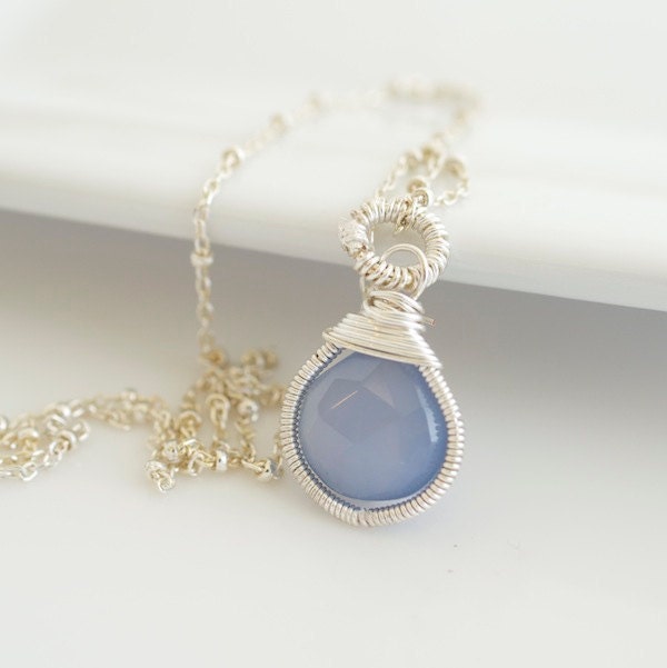 Blue Chalcedony Necklace, Blue and Silver Necklace,Bezel Set Stone