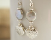 Gray Pearl Earrings, Pearl Earrings with Fine Silver Hearts, Silver and Gray Dangle Earrings