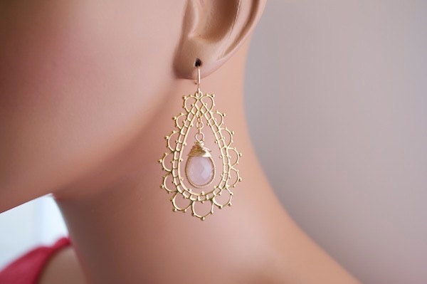 Rose Quartz Earrings - Bezel Set Stone Earrings - Gold and Pink Earrings - Bridal Jewelry