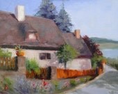 Original oil painting impressionist realism "Hungarian Cottage-Village of Tihany", Hungary 9 x 12