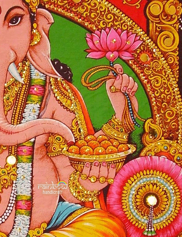 hindu religious elephant head god deity ganesh ganesha sequin coton fabric painting wall hanging Indian tapestry ethnic home decor art India