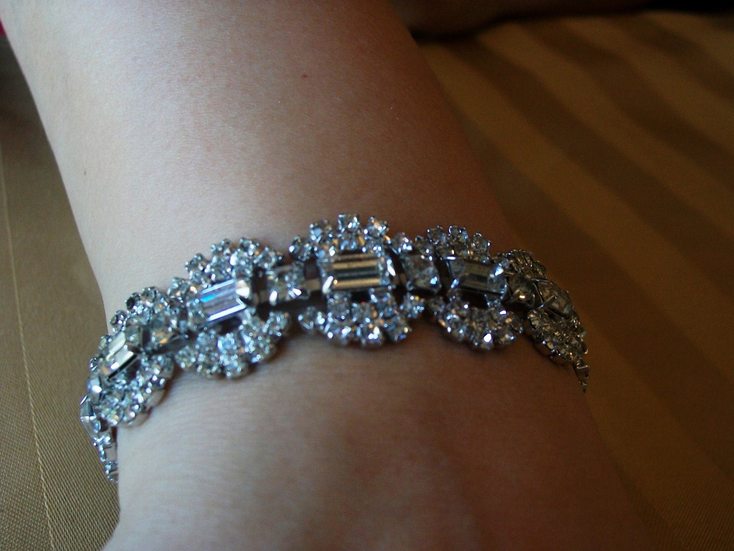 RESERVED Stunning Vintage Emerald Cut Rhinestone Bracelet, Bridal Bracelet