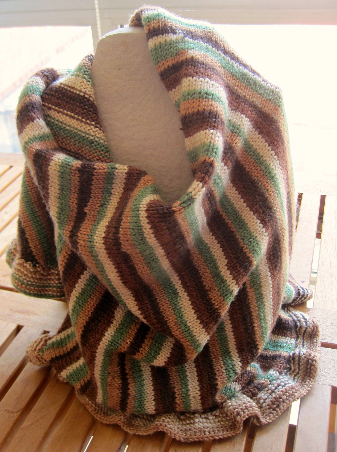 Handmade knitted shawl, striped in brown, green and beige colors - YanasKnitting