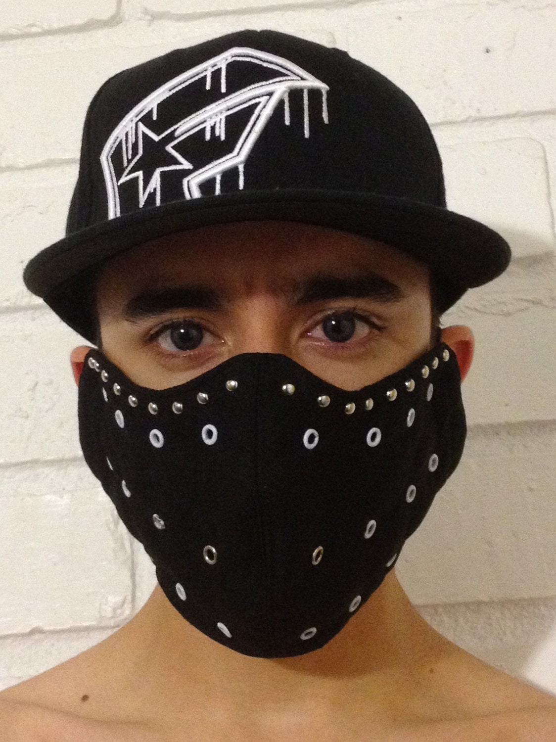 Black Ninja Mask With White Grommets For Easier Breathing