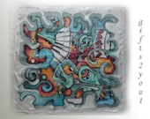 Silk scarf. Only Jazz. White, blue, turquoise, crimson, orange colors. Size 59x59cm (23"x23") - gifts2you1