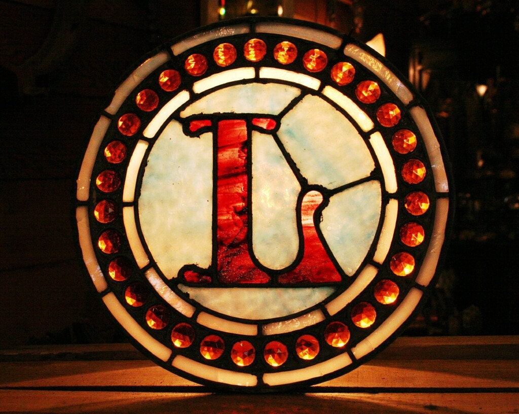Letter L Made of Red and Blue Antique Leaded Stained Glass with 31 Amber Jewels