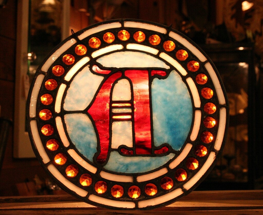 Letter A Made of Red and Blue Antique Leaded Stained Glass with 31 Amber Jewels