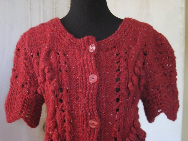 Hand Knit Sweater Art Deco Design Burgundy Tweed Wool