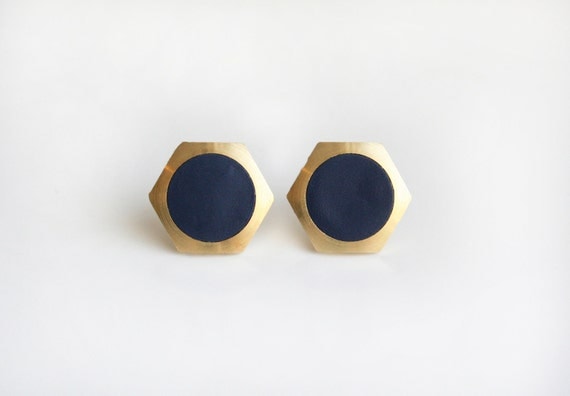 Navy geometric hexagon circle stud earring