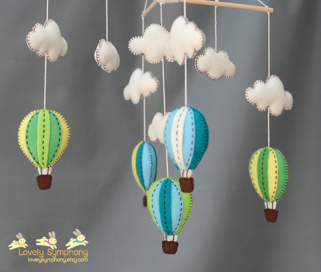 Blue and green hot air balloons mobile - Hot air balloons baby mobile -