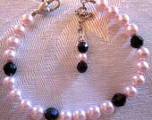 Swarovski Black Crystal, Swarovski Pink Pearl, 925 Sterling Silver Bracelet