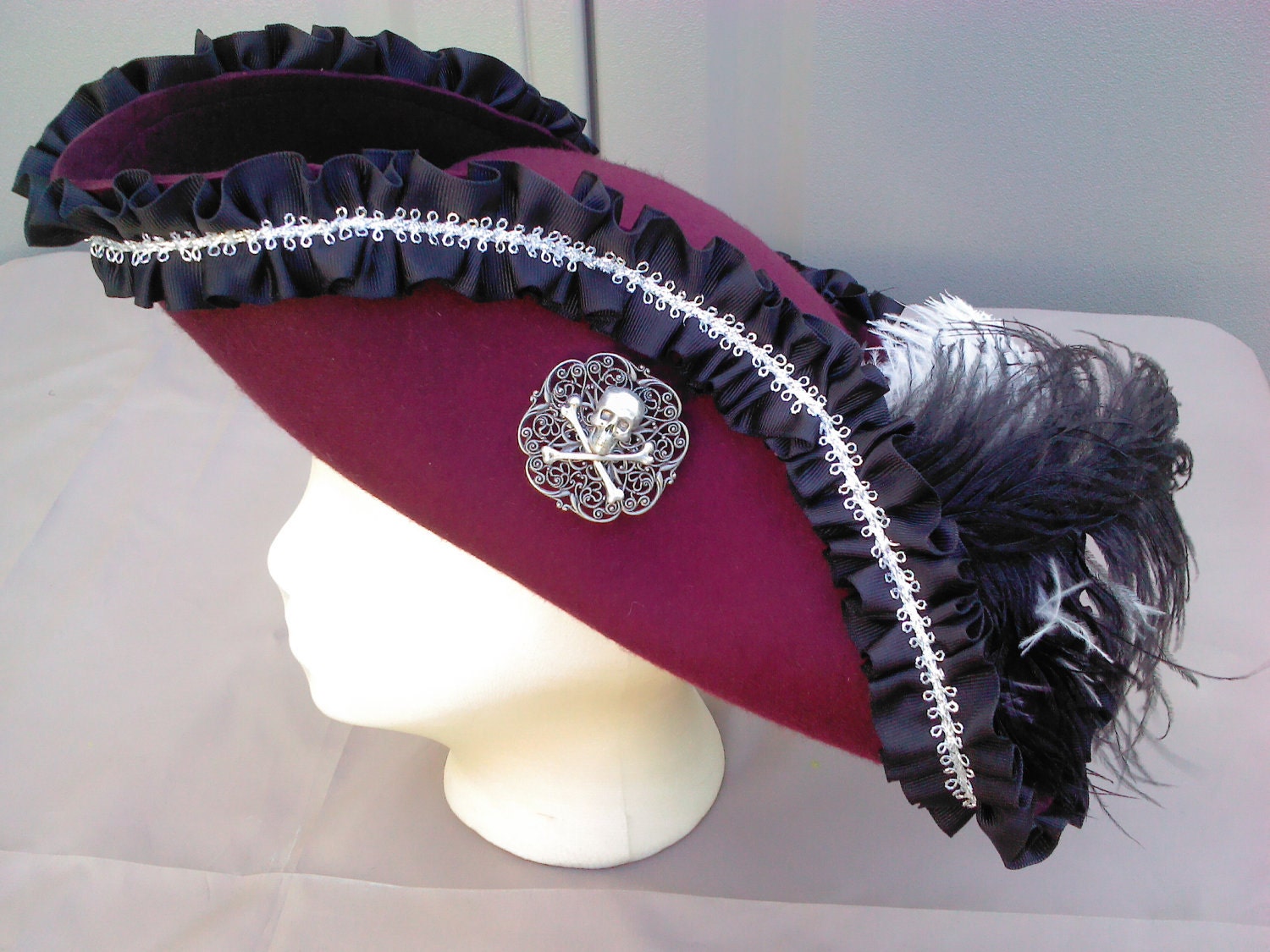 Pirate hat tricorn style burgundy with black and silver trim