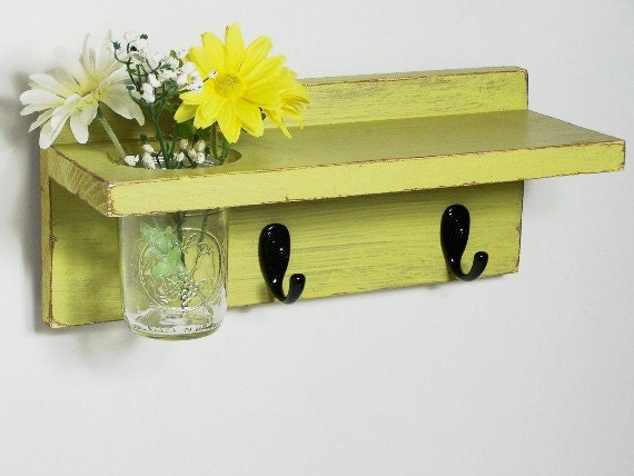 Vintage shelf 2 key hooks with floral wall vase, wood, distressed, sconce, shabby chic, home decor, country style, painted Light Avocado