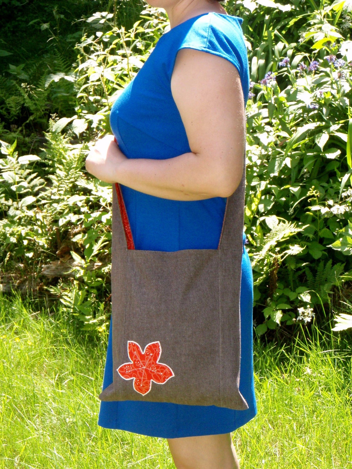Upcycled Brown Over the Shoulder Bag with Orange Lining and Flower Appliqué