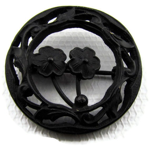 Antique mourning brooch flat black posies