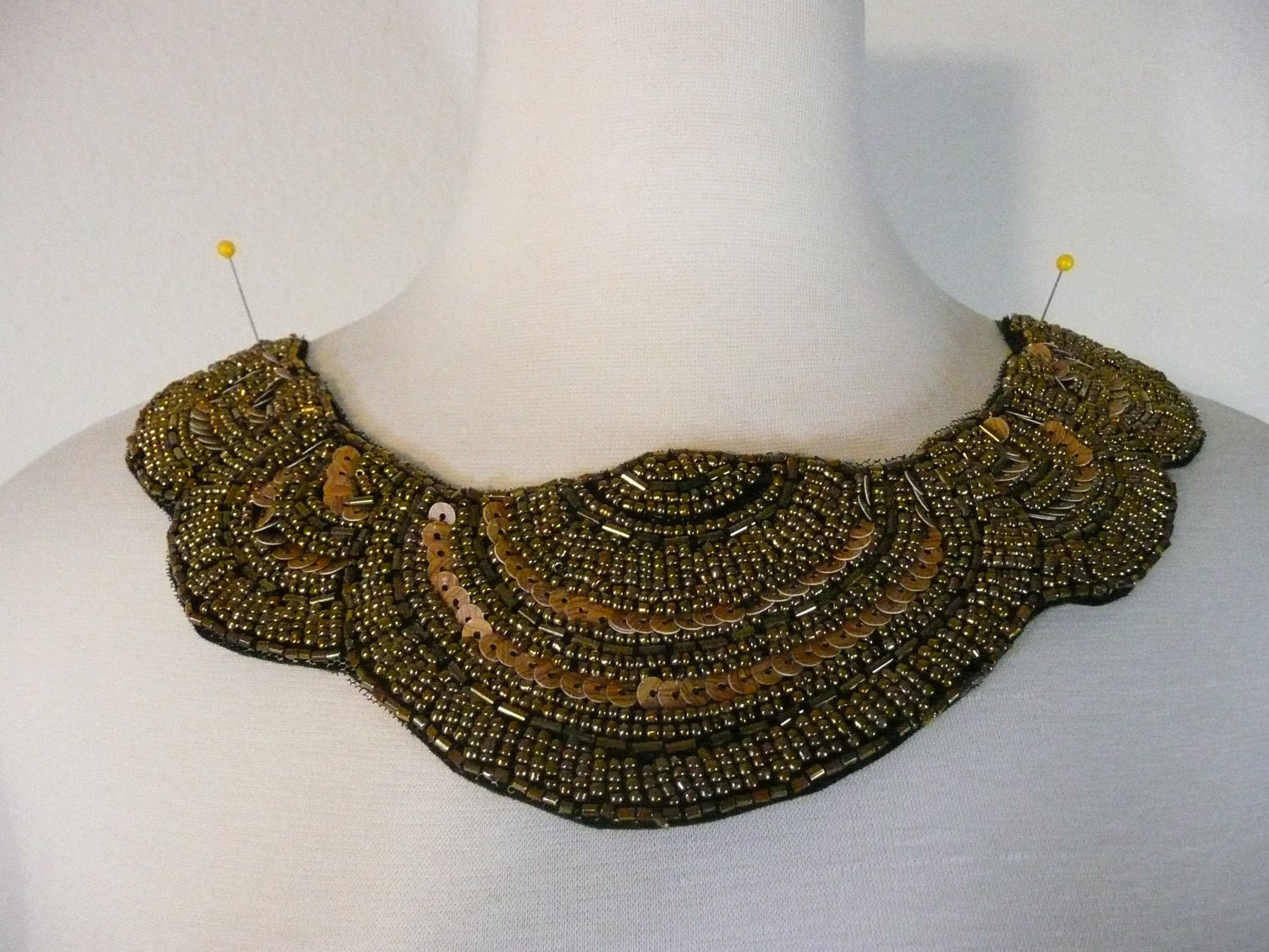Beautiful neck applique patch on black thick woven fabric with black satin tape ribbon lace yoke applique trim
