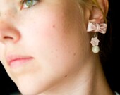 Precious Baby Pink Bow Earrings with Dangling Flower & Pearl
