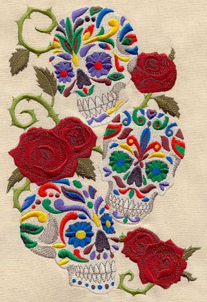 Day of the Dead Sugar Skulls with Roses - Embroidered Decorative Linen Kitchen Towel or Absorbent White Cotton Flour Sack Towel