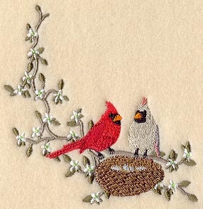 Cardinal Couple with Nest - Embroidered Decorative Linen Kitchen Towel or Absorbent White Cotton Flour Sack Towel