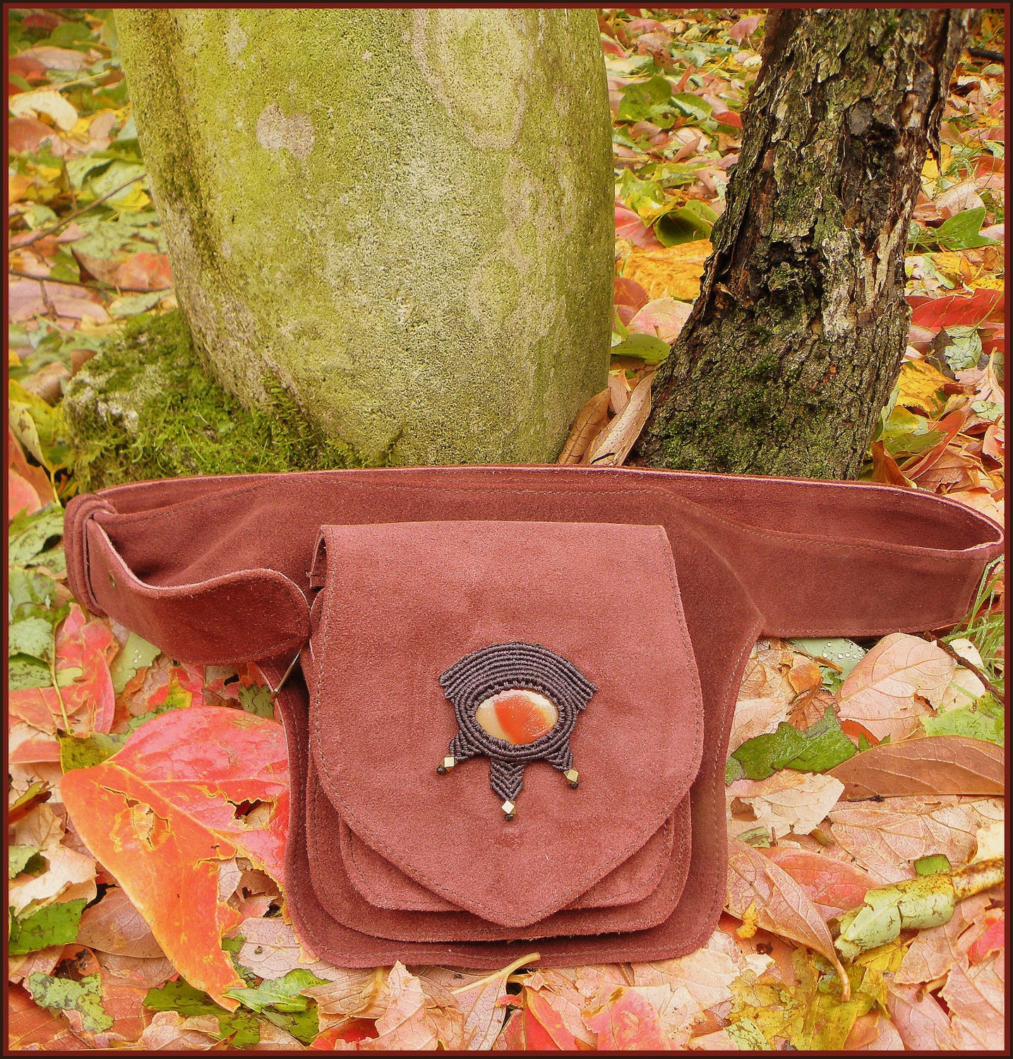 LAST ONE--- Eye of the Goddess- Red Leather Pocket Belt/Hippie Belt, with Macrame/Brass/Jasper Pendant.(gypsy,ethnic,tribal,bohemian,Elven)