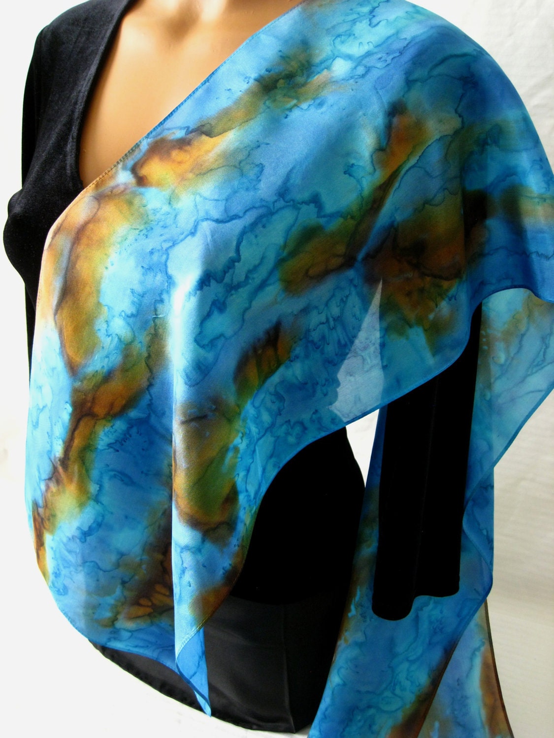 Turquoise and Brown Silk Scarf. 100% Habotai Silk Scarf. Blue and Brown Silk Scarf. Hand Dyed 11 x 60 inch Silk Scarves.