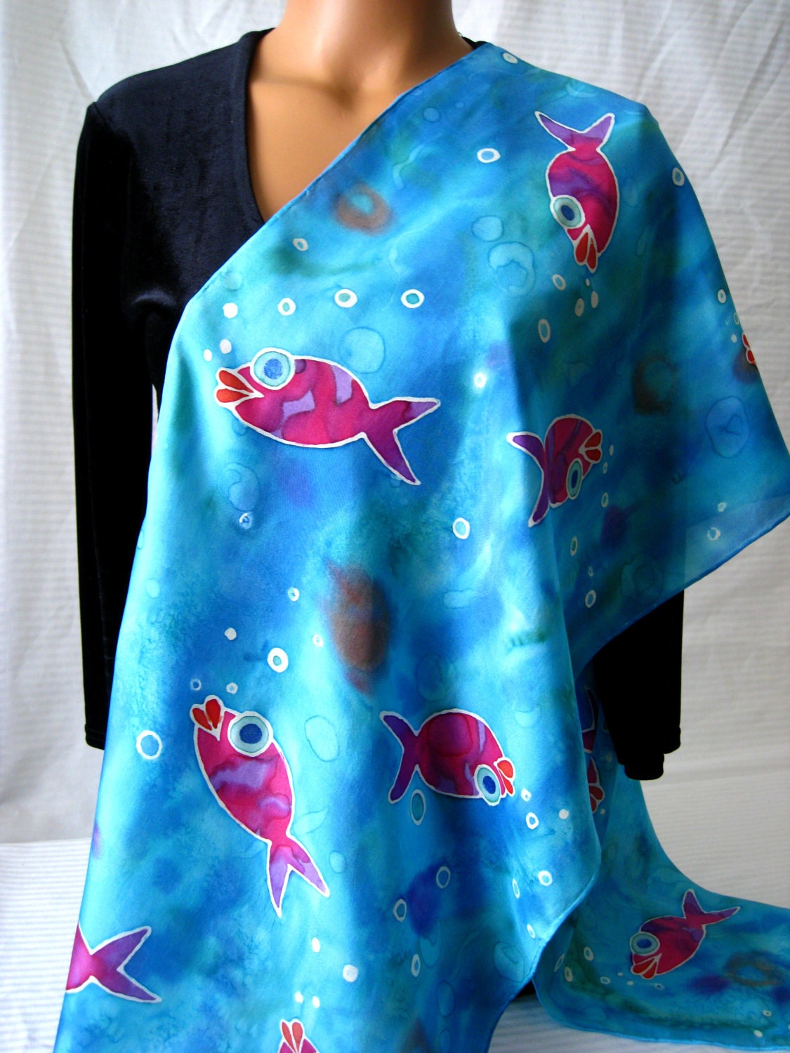 Turquoise Silk Scarf. Tropical Fish Scarf. Silk Scarf Marine Blues. Pink & Purple Fish Silk Scarf. Fun Fish Scarf. Silk Scarves 15x60 in.