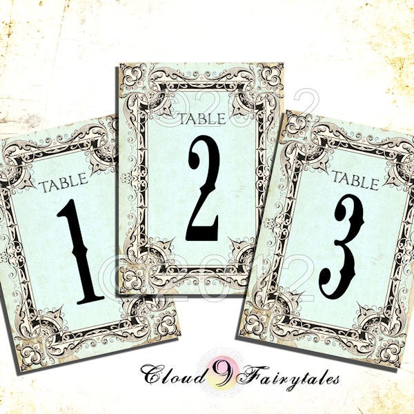 Vintage Wedding Table Numbers Printed 1-12 Wedding Table Decoration - Fancy Antique Frame - Vintage Style