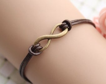 karma bracelet,retro bronze infinite pendant bracelet,brown leather bracelet---B111